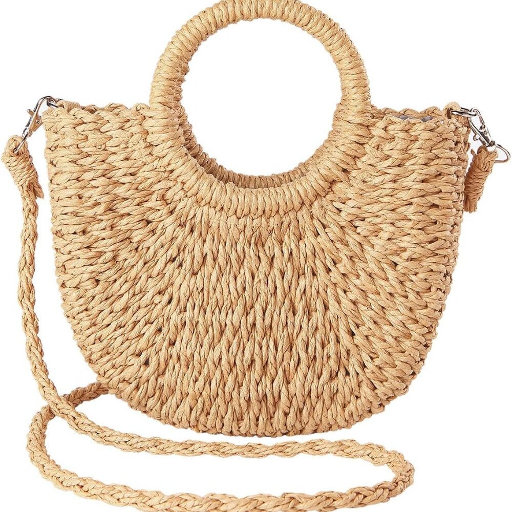 Straw Beach Bag for Women, Summer Handwoven Tote Bags Purse with Tassel,Top Hand